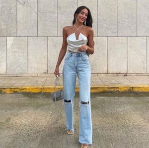 Zara High Waist Wide Leg Blue Denim Jeans New